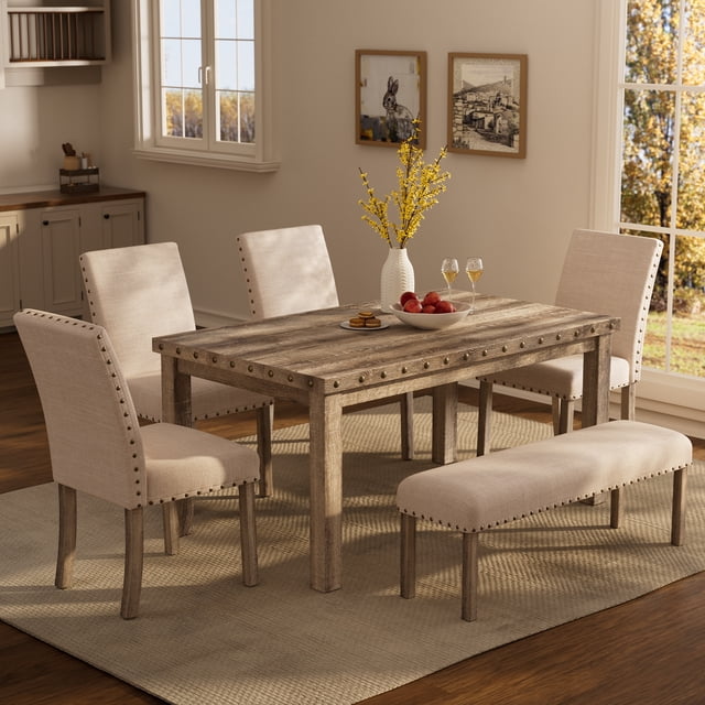 Morden Fort Farmhouse Dining Table Set for 6, Rustic Wooden Kitchen Table with Upholstered Bench&4 Chairs, Country Style Dining Set for Family Gatherings