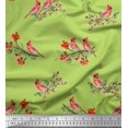 thumbnail image 1 of Soimoi Green Poly Georgette Fabric Red Berries & Bulbul Bird Fabric Prints By Yard 52 Inch Wide, 1 of 3