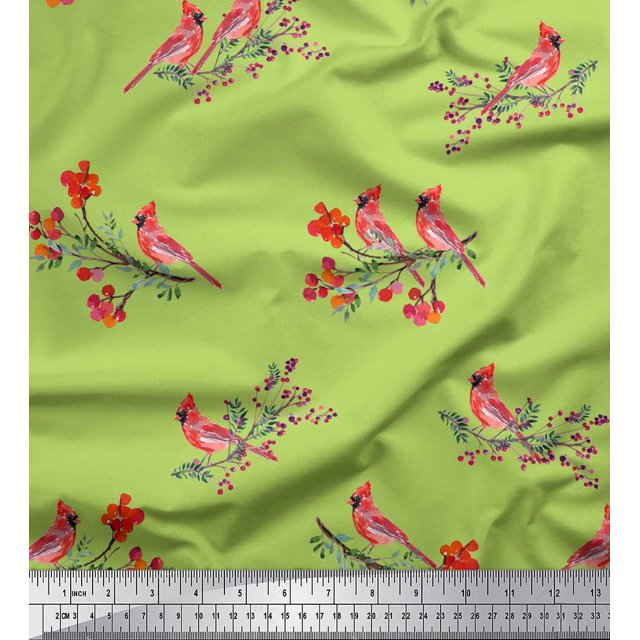 Soimoi Green Poly Georgette Fabric Red Berries & Bulbul Bird Fabric Prints By Yard 52 Inch Wide