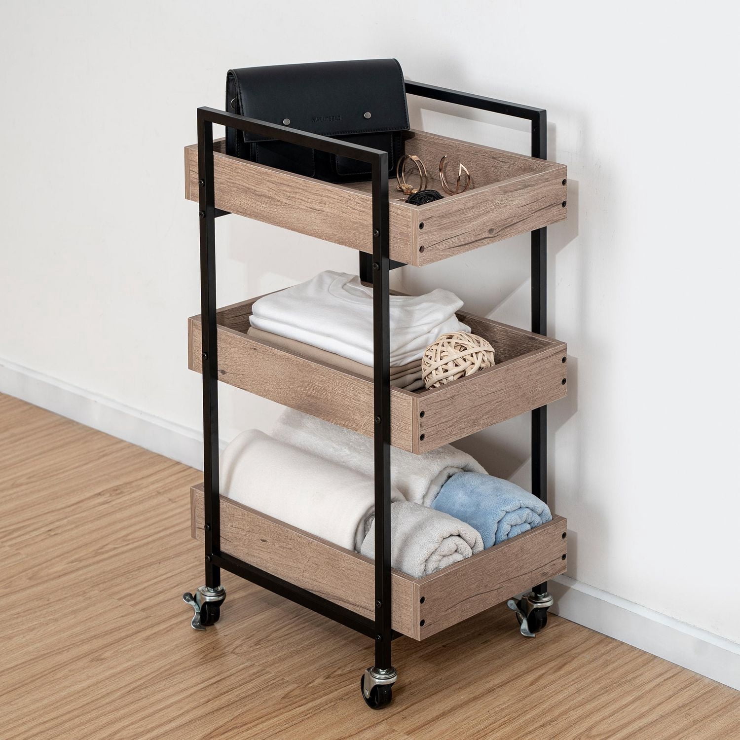 Better Homes & Gardens 3-Tier bois et acier rouler chariot utilitaire; Cadre en métal Durable; Chêne naturel et finition métal noir