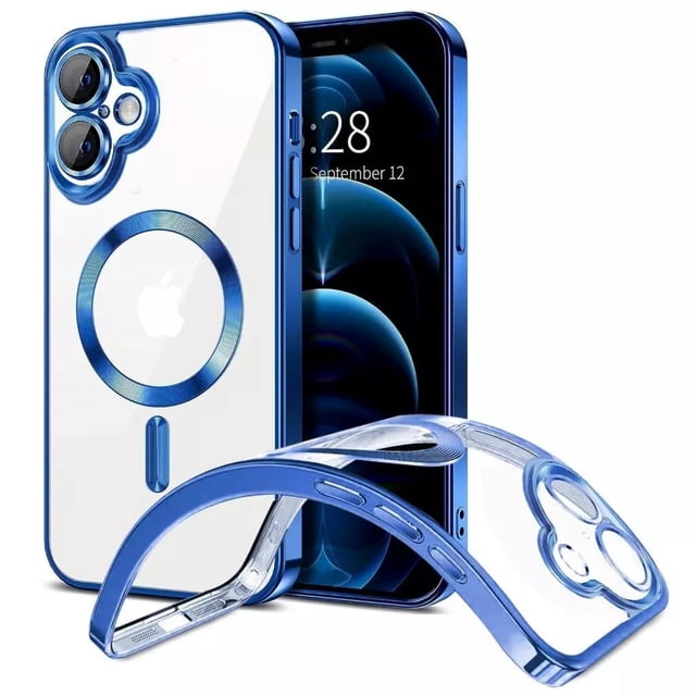 PST iPhone 16 Plus Case, Hybrid TPU Back Cover with Magnetic Wireless Charging (MagSafe Compatible). The case features a clear acrylic back with a blue metallic frame, showcasing the phone's original design. Built-in magnets ensure MagSafe compatibility for secure and efficient wireless charging. Raised edges around the screen and camera provide enhanced drop and scratch protection. Designed for durability and style, this case is suitable for iPhone 16 Plus models.