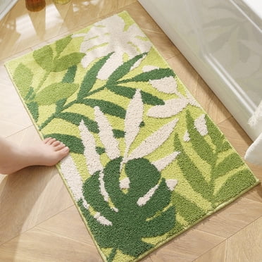 TopLLC Green Leaf Bathroom Rugs, 15.7x23.6 inch Tropical Plant Thick Microfiber Fluff Floor Mat, Soft Super Absorbent Non-Slip Plush Moss Carpet Entry Door Mat Spring Home Decor for Bath Kitchen