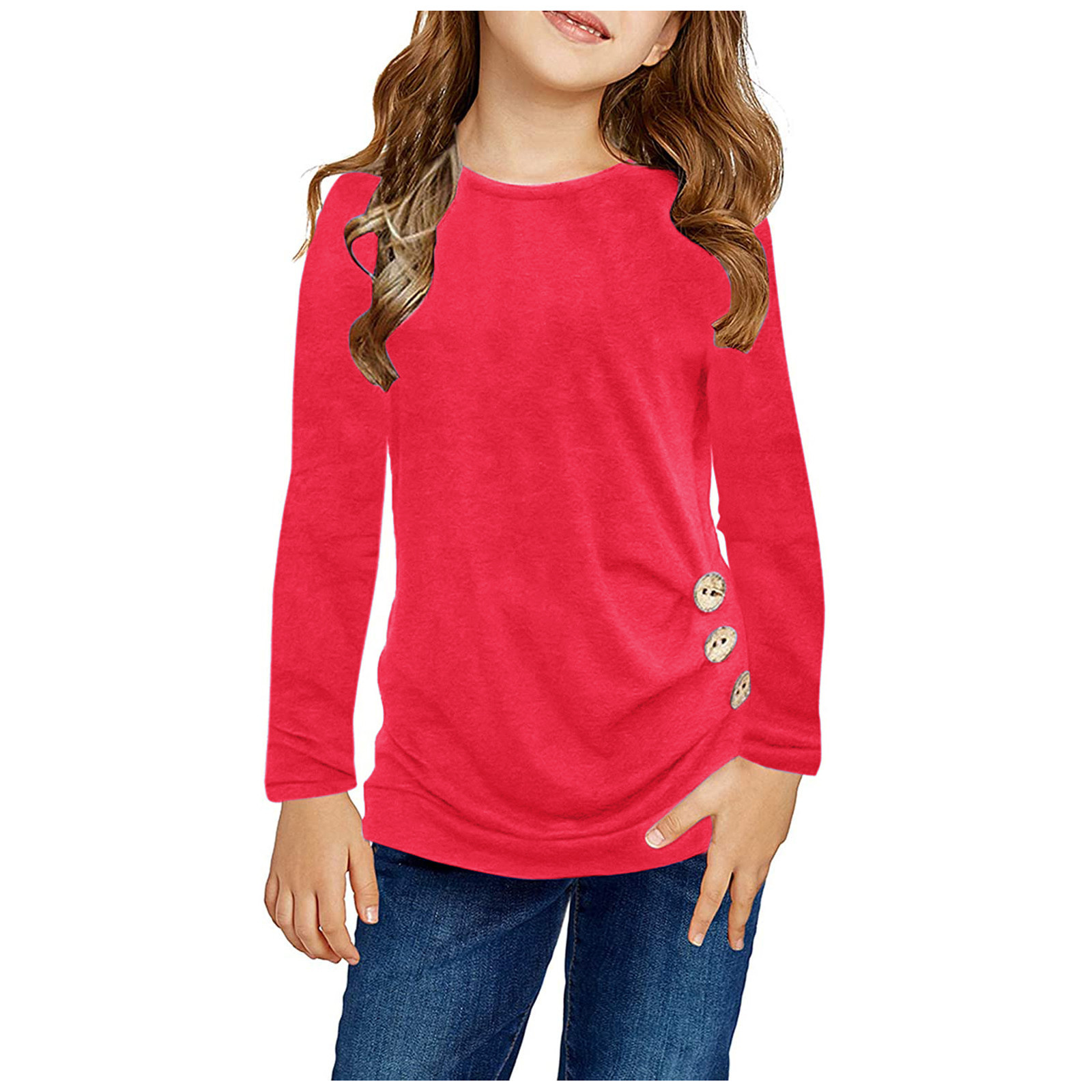 Zanarzt Longues T-Shirts à Manches Enfants Filles Tuniques Décontractées Hauts Nœud devant Bouton Manches Longues Décontracté Ample Col Ras du Cou Blouse T-Shirt Tee Rouge, 6-7 Ans