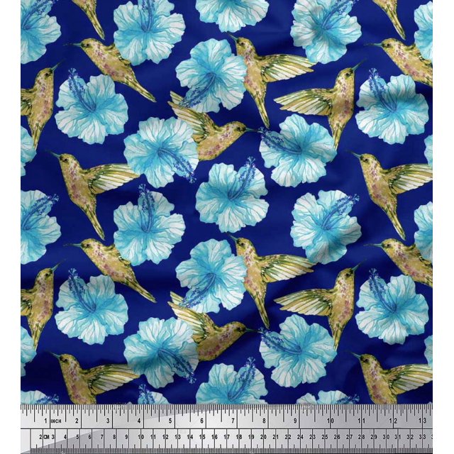 Soimoi Rayon Fabric Hummingbird & Floral Printed Fabric 1 Yard 42 Inch Wide
