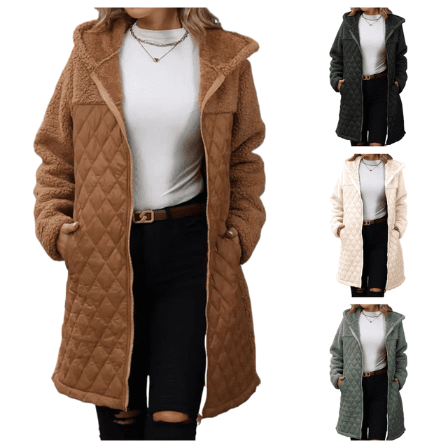 LOVZFMLL Jackets for Women Ladies' Trendy Solid Color Zipper Hooded Loose Medium Long Plush Jacket. This women's jacket features a quilted design on the lower half and plush polyester fabric on the upper half, providing warmth and style. The medium-long length and loose fit make it ideal for layering over casual outfits. The jacket includes a hood and a full-zip closure for added functionality. Displayed in multiple solid colors, including brown, white, and green, suitable for daily wear, casual outings, or seasonal transitions.