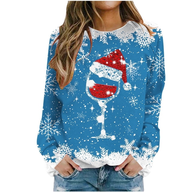 Besolor Chandail à Col Rond de Noël pour Femmes, Imprimé de Verre de Vin, Manches Longues, Chandails Mode, Hauts Graphiques Flocon de Neige