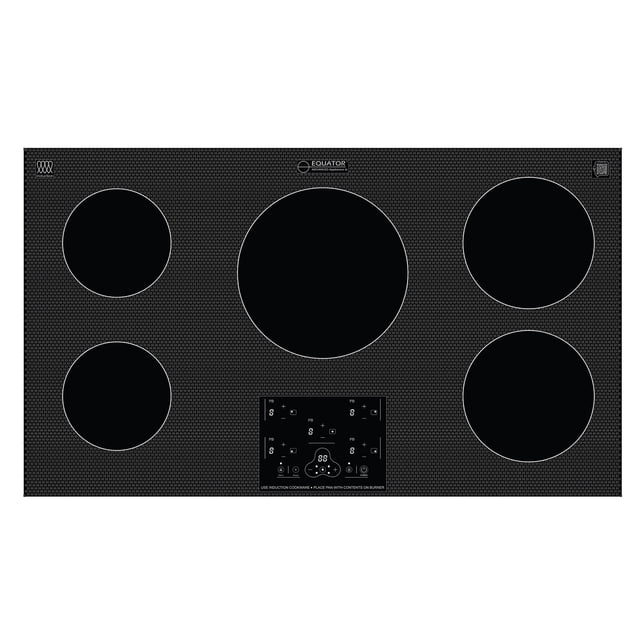 Equator Table de Cuisson à Induction 5 Brûleurs Encastrés de 36 Pouces avec Fonctions d'Alimentation et de Maintien au Chaud, Doté d'Une surface en Verre Noire Élégante avec Cinq Brûleurs, Incluant un Brûleur central de 10,2 Pouces et Quatre Brûleurs Supplémentaires. la Table de Cuisson Comprend des Commandes Tactiles, des Minuteries Indépendantes pour Chaque Brûleur, et un Verrouillage Enfant pour la Sécurité. Elle Fonctionne sur 240V/9600W avec 9 Niveaux de Puissance Réglables et un Partage Automatique de l'Alimentation Écoénergétique. Certifiée par ETL