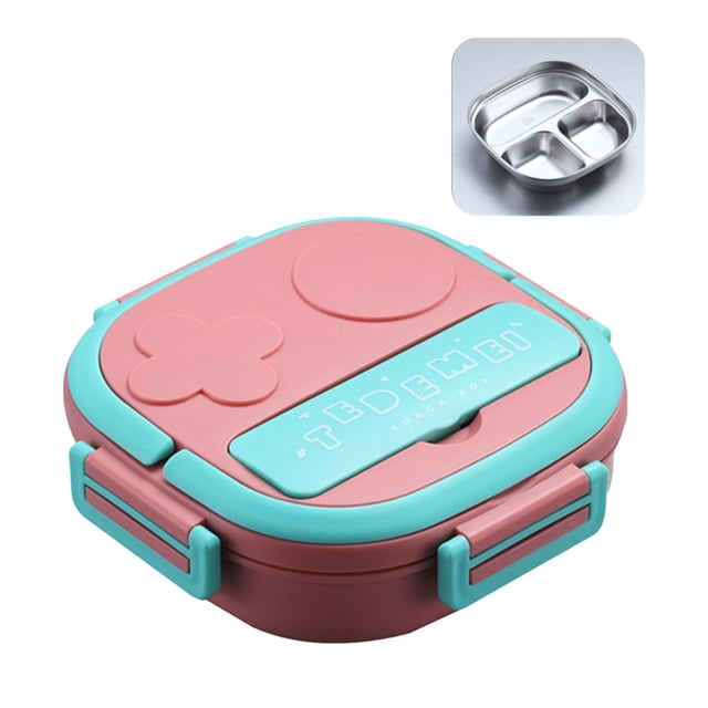 Carevas Lunch Boîte à avec Fourchette à 3 Compartiments, Boîte à Lunch Japonaise, Présentée en Rose et Sarcelle avec Quatre Loquets Sécurisés et un Intérieur en Acier Inoxydable avec Trois Compartiments. Comprend une Fourchette et Est Étanche, Réutilisable, et Convient aux Enfants et aux Adultes pour l'École, le Bureau Ou les Voyages.