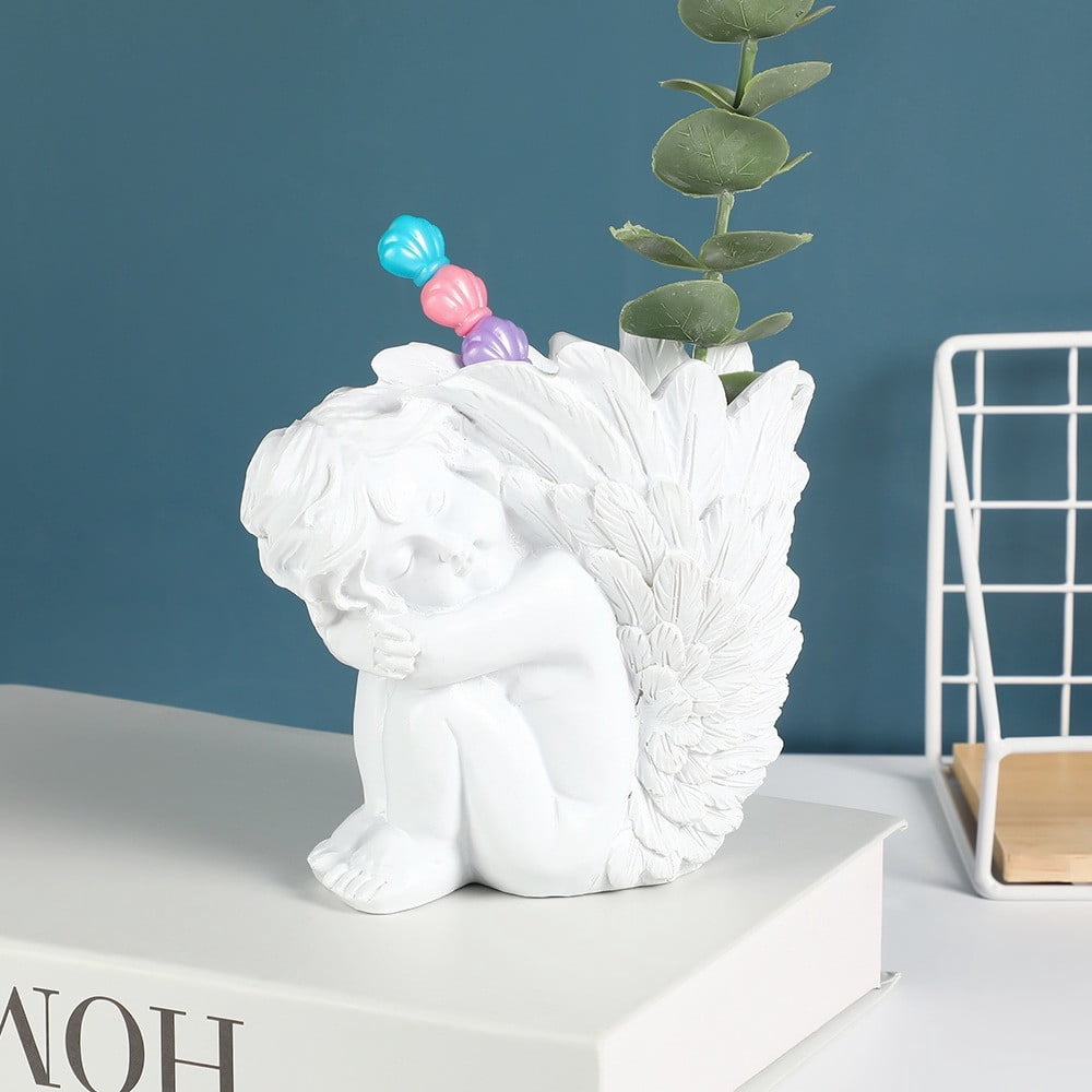 Dvkptbk desk organizer Cherub Resin Pen White Desk Organizer Sculpture for Home Office Decor