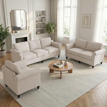 Puremind 3 Piece Sofa Set, Living Room Furniture Sets, Include 3 Seat Sofa, Loveseat and Armchair, Sofas Couches for Living Room/Apartment, Beige