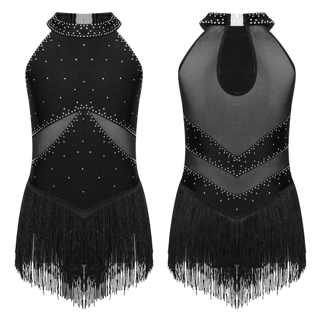 iefiel Fille Enfant Justaucorps à Franges à Pampilles Latin Rumba Salsa Tango Combinaison de Danse Robe Justaucorps Lyrique Noir 6