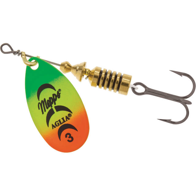 Mepps B3-FT Aglia Plain #3 Firetiger fishing spinner lure with a tri-color green, yellow, and orange blade featuring Mepps and Aglia logos, a gold segmented body, and a sharp treble hook, ideal for versatile freshwater and saltwater fishing.