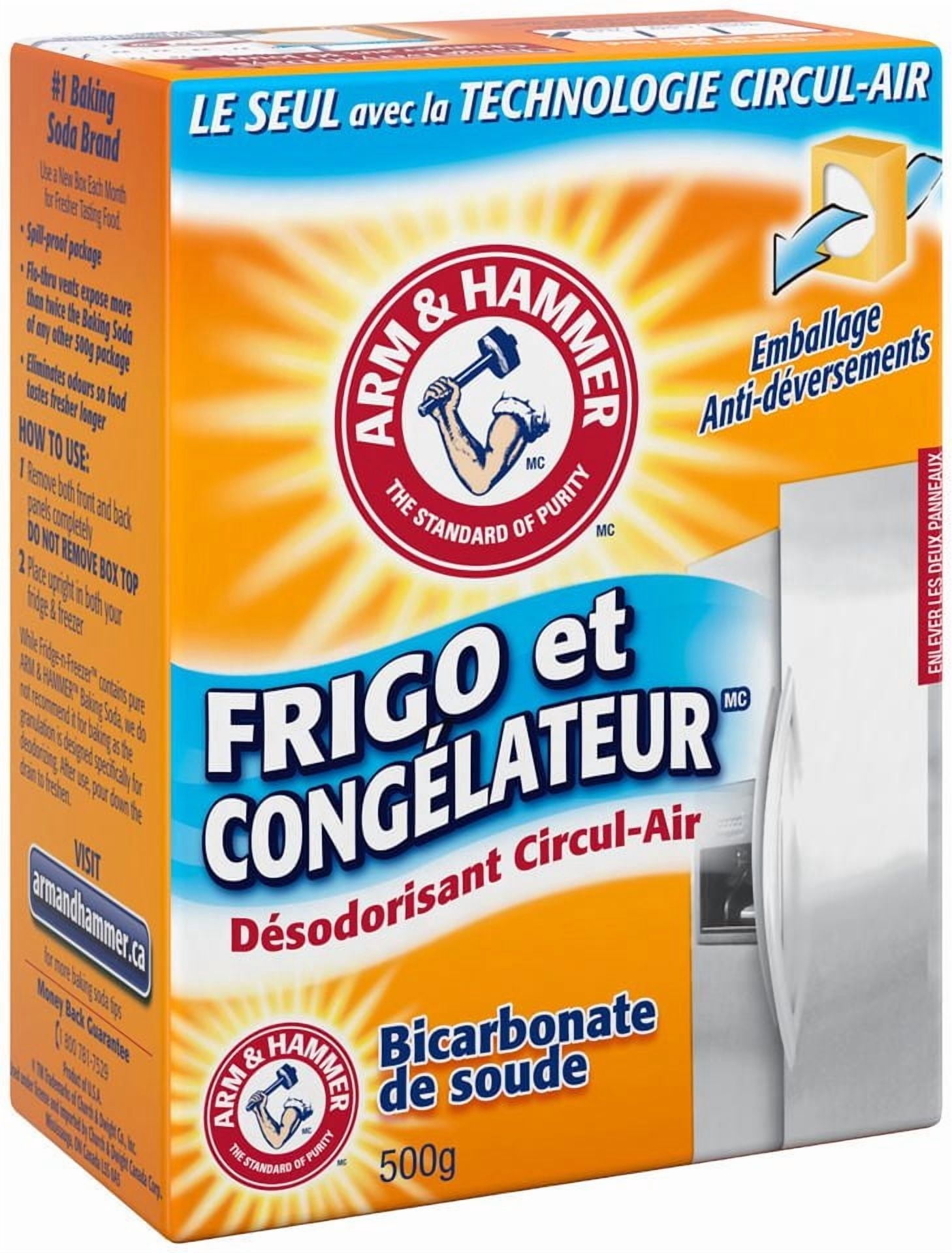 Désodorisant au bicarbonate de soude Arm & Hammer pour réfrigérateur et congélateur, 500g, Système de ventilation Flo-Thru, élimine les odeurs pour réfrigérateur et congélateur