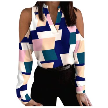 XZNGL Womens Tops Long Sleeve Womens V Neck Pullover Off the Shoulder Printing Long Sleeve Tops
