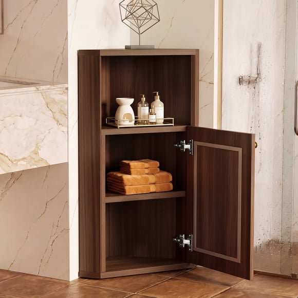 OMCMUU Tall Narrow Cabinet with Rattan Door and Adjustable Shelf, Walnut