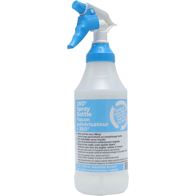 The Bottle Crew 32 Ounce All Angle Wide Mouth Plastic Spray Bottle with a translucent white body and blue adjustable spray nozzle, featuring a wide neck for easy filling and 360-degree spray capability, ideal for hair cutting and personal care tasks.