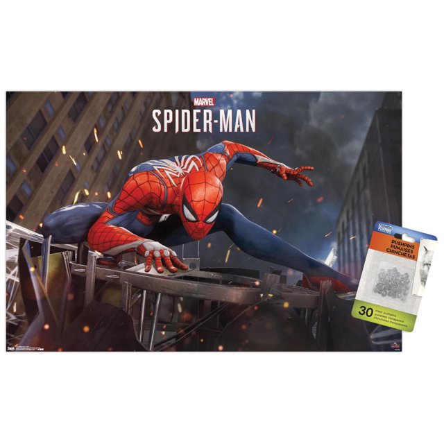 Marvel Comics - Spider-Man - Action Wall Poster, 22.375" x 34" featuring Spider-Man in his red and blue suit with white spider emblem crouched on a metal structure in a nighttime cityscape with sparks, suitable for wall art and room decor in bedrooms, offices, or dorms.