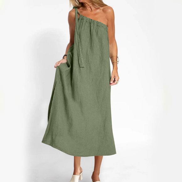 One Shoulder Dress, Women's Asymmetrical Sleeveless Dress with High Slit, Long Summer Dress in Soft Linen Cotton, Casual and Party Wear
