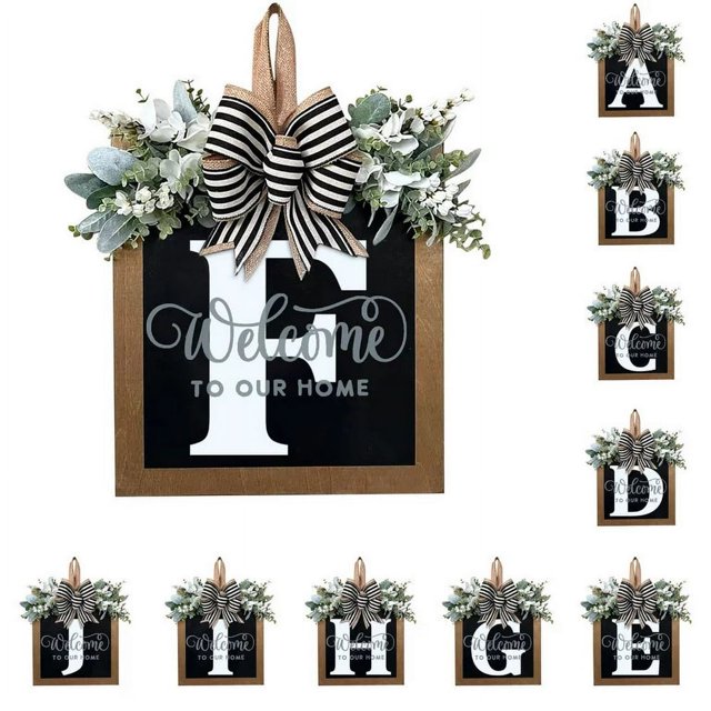 Front Door Decorations Alphabet Wreath Sign Outdoor Hanging Decoration 11.8”*11.8”