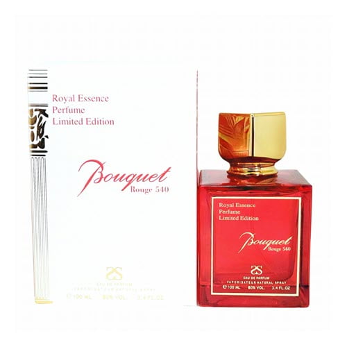 Symphony Bouquet Rouge 540 EDP For Him / Her 100ml / 3.4oz unisex fragrance bottle and packaging. The bottle features a bold red design with a gold cap, while the box displays the product name and branding in elegant typography.