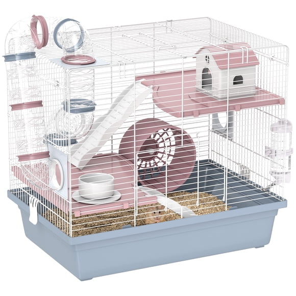 PawHut Hamster Cage, 3-Tier Gerbil Cage with Excerise Wheel and Tubes, Blue