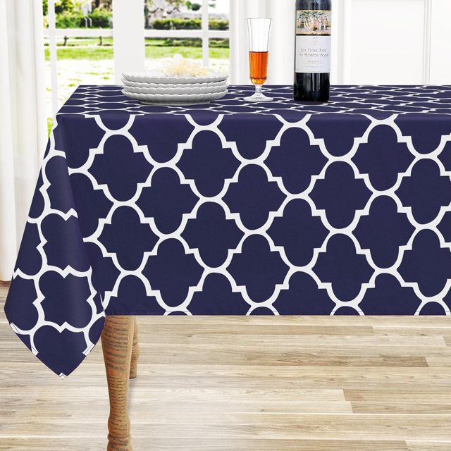 Nappe Rectangulaire Imperméable et Résistante aux Taches, Motif Marocain, Bleu Marine et Blanc, 60"x102 Pouces, Idéale pour les Repas à l'Intérieur/à l'Extérieur, les Pique-Niques et les Fêtes