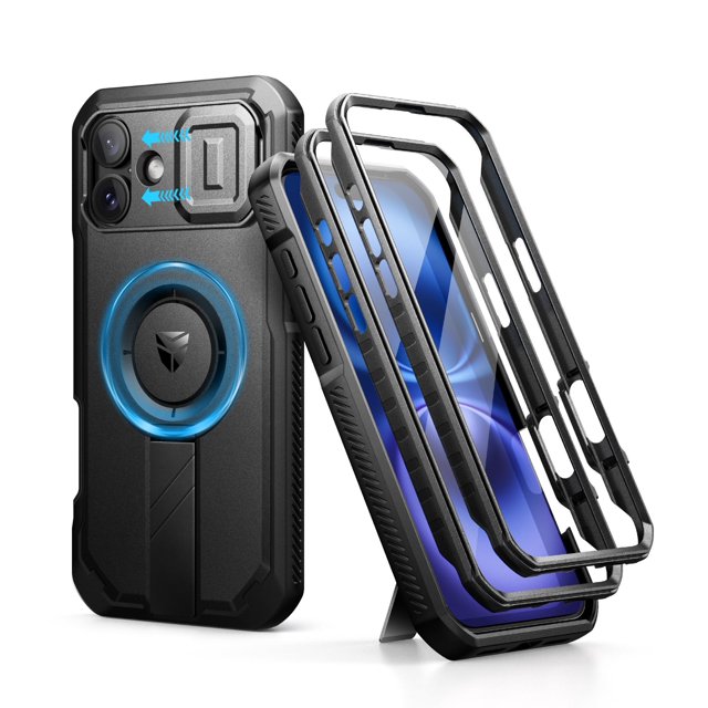 Dexnor for iPhone 16 Plus Case in black, featuring a slide camera cover with magnetic repulsion technology, an adjustable aluminum kickstand, and a built-in PET screen protector. The case includes dual front frame options, precise cutouts for buttons and ports, and MagSafe compatibility with a magnetic hold of up to 1,400g. Designed with military-grade protection, it combines shock-absorbent TPU bumpers and a robust PC back for durability during outdoor adventures.