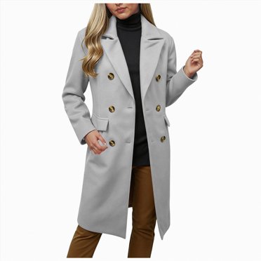 Splozh Womens Jackets Fall Ladies Elegant Solid Color Jacket Women Long Length Coats Wool Blend Holiday Lapel Classic Trench Coat Light Gray,L