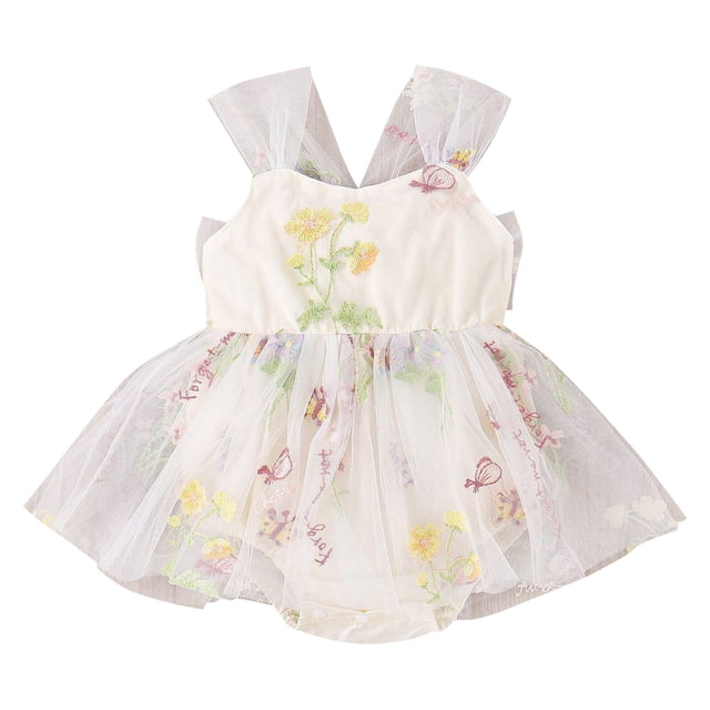 MIASHUI Barboteuse Robe Tutu en Maille Sans Manches à Broderie Florale pour Filles, Beige, 9-12 Mois