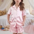 thumbnail image 4 of BLVB Girls Pajamas Satin Pajama Set Silk Pjs Short Sleeve Button down Shirts Summer Ruffle Sleepwear for Big Kids 5-15Y, 4 of 6