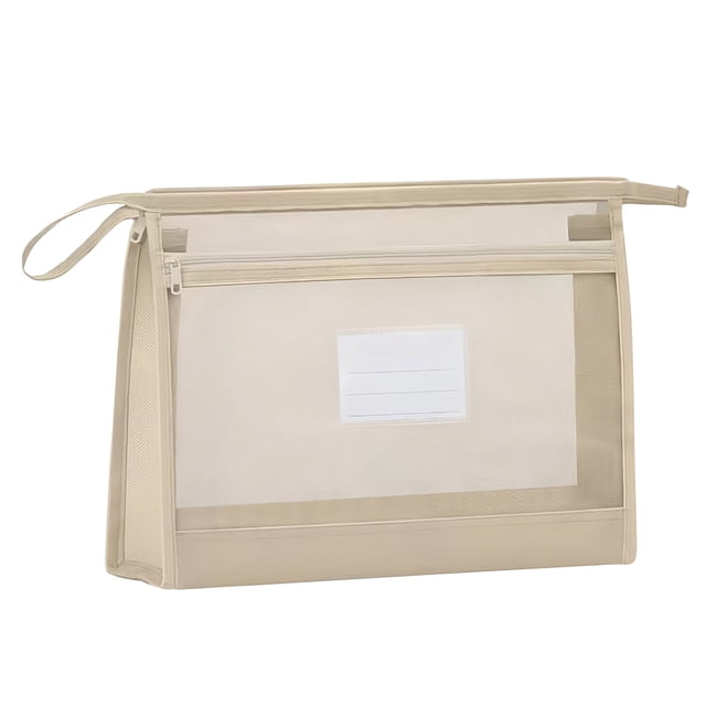 SLYNSHome Mesh Zipper Pouch Transparent Lightweight Nylon File Folders,A4 Size Multi-Layer Subject Document Organizer Accessories Storage Bag for Office Supplies - Khaki