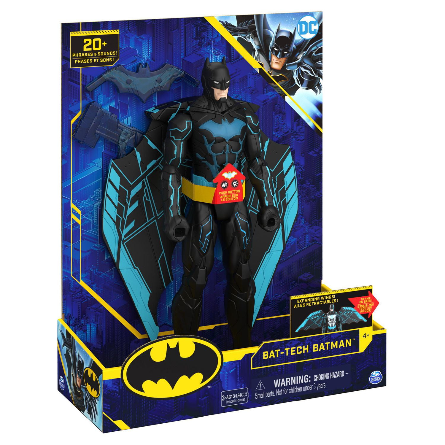 Figurine articulée Batman Bat-Tech de luxe de 30 cm avec ailes rétractables, lumières et plus de 20 effets sonores et répliques