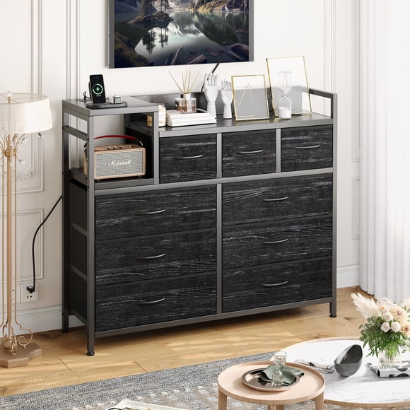 TROPOW Meuble Télé avec Station de Recharge, Commode de Chambre pour Salon Meuble Télé avec 9 Tiroirs, Vintage, Noir