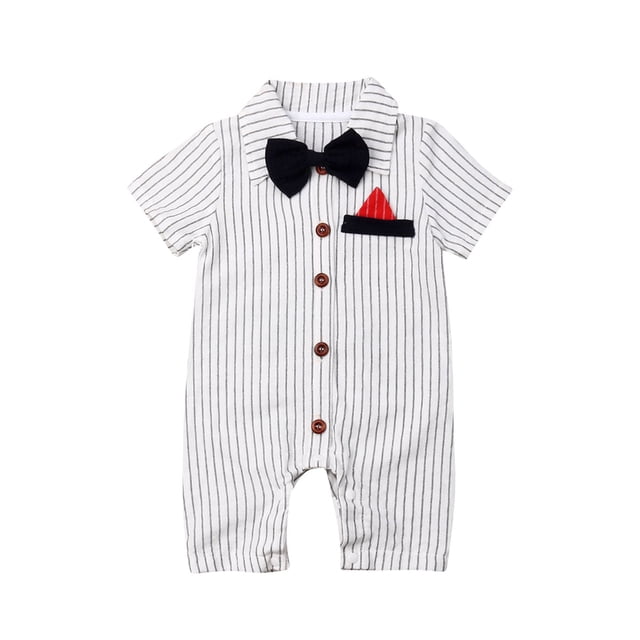 Newborn Baby Boy Gentleman Short Sleeve Button Down Bow Tie Striped Romper