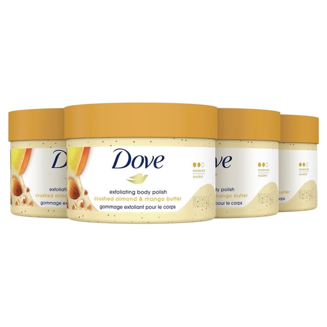 Dove Crushed Almond & Mango Butter Body Polish in four beige jars with orange lids, containing creamy exfoliating scrub with crushed almond particles, arranged diagonally on a white background, highlighting its gentle exfoliating and moisturizing bath care use.