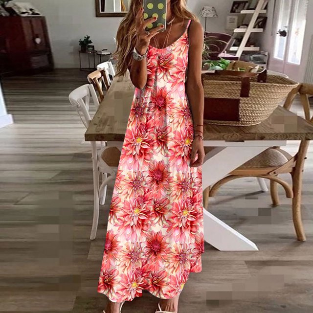 Ovzne Robes d'Été pour Femmes Robe pour Femme Robes d'Été pour Femmes Imprimé Sans Manches Col Rond Robe Décontractée Longues Robes Robe de Vacances Imprimée Liquidation