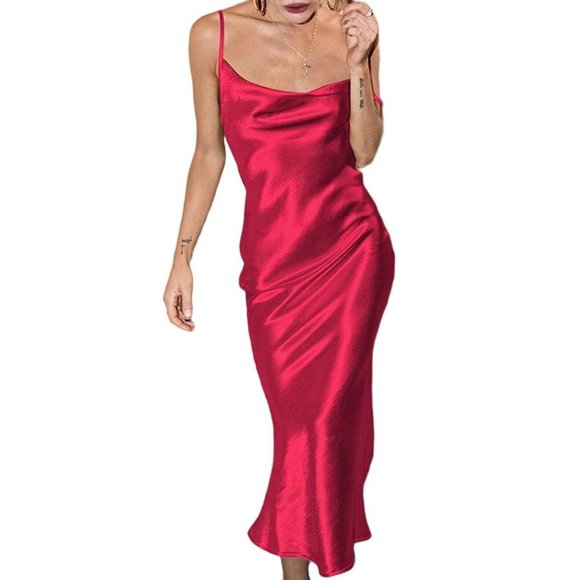 Women'S Spaghetti Strap Midi Satin Silk Dresses Slip Cowl Neck Party Cocktail Evening Dress Wine Red L