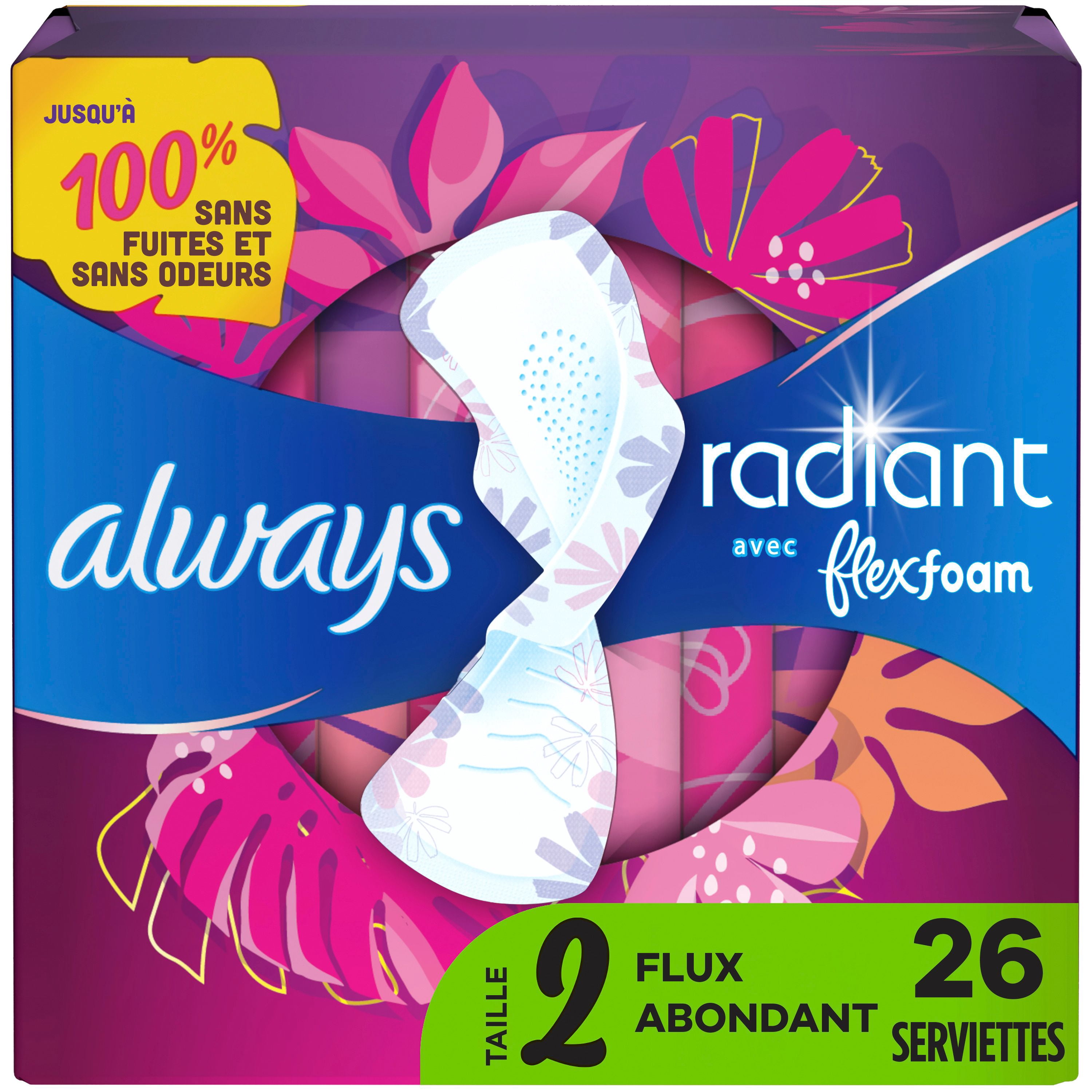 Serviettes Always Radiant Avec Flexfoam, Taille 2, Forte, Avec Ailes, Parfum Légèrement Frais, 26 Unités