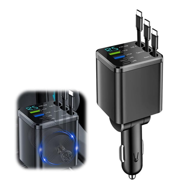 Chargeur de Voiture Rétractable 7-en-1 avec Câble USB Type C - Chargeur de Téléphone Rapide