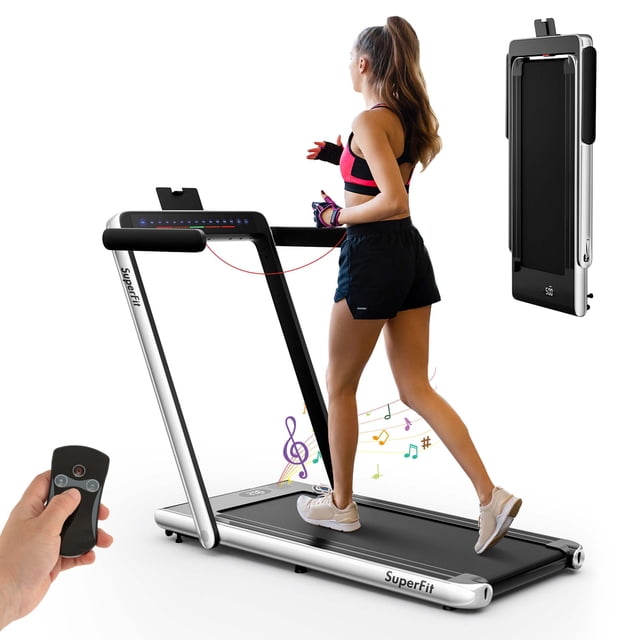 SuperFit 2.25HP 2 in 1 Dual Display Folding Treadmill Jogging Machine W/APP Control Silver