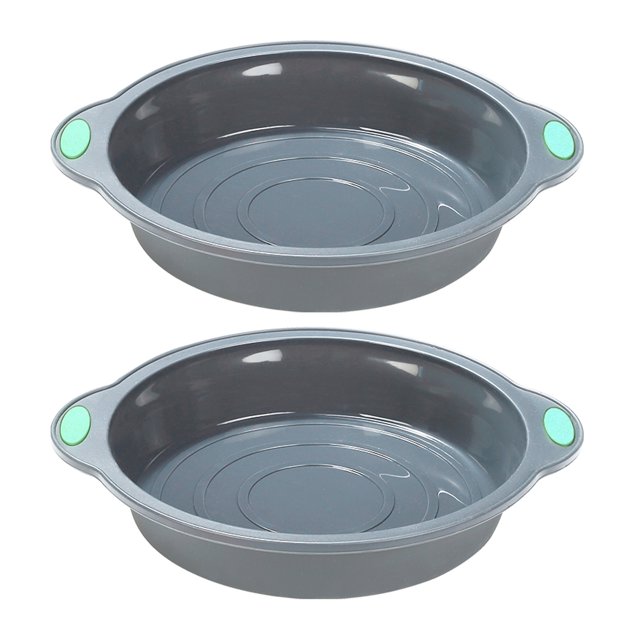 To encounter 9 Inch Silicone Round Cake Pans, 2 Pack Nonstick Silicone Baking Pans Set. The set includes two grey, food-grade silicone cake molds with a metal-reinforced frame for added strength. Each pan features a non-stick surface with a matte exterior and bright interior finish, making it easy to release baked goods and clean. Designed for baking cakes, cheesecakes, cornbread, and more, these pans are heat resistant up to 446°F and safe for use in the oven, microwave, freezer, and dishwasher. Each pan measures approximately 9 inches in diameter and 2 inches in depth.