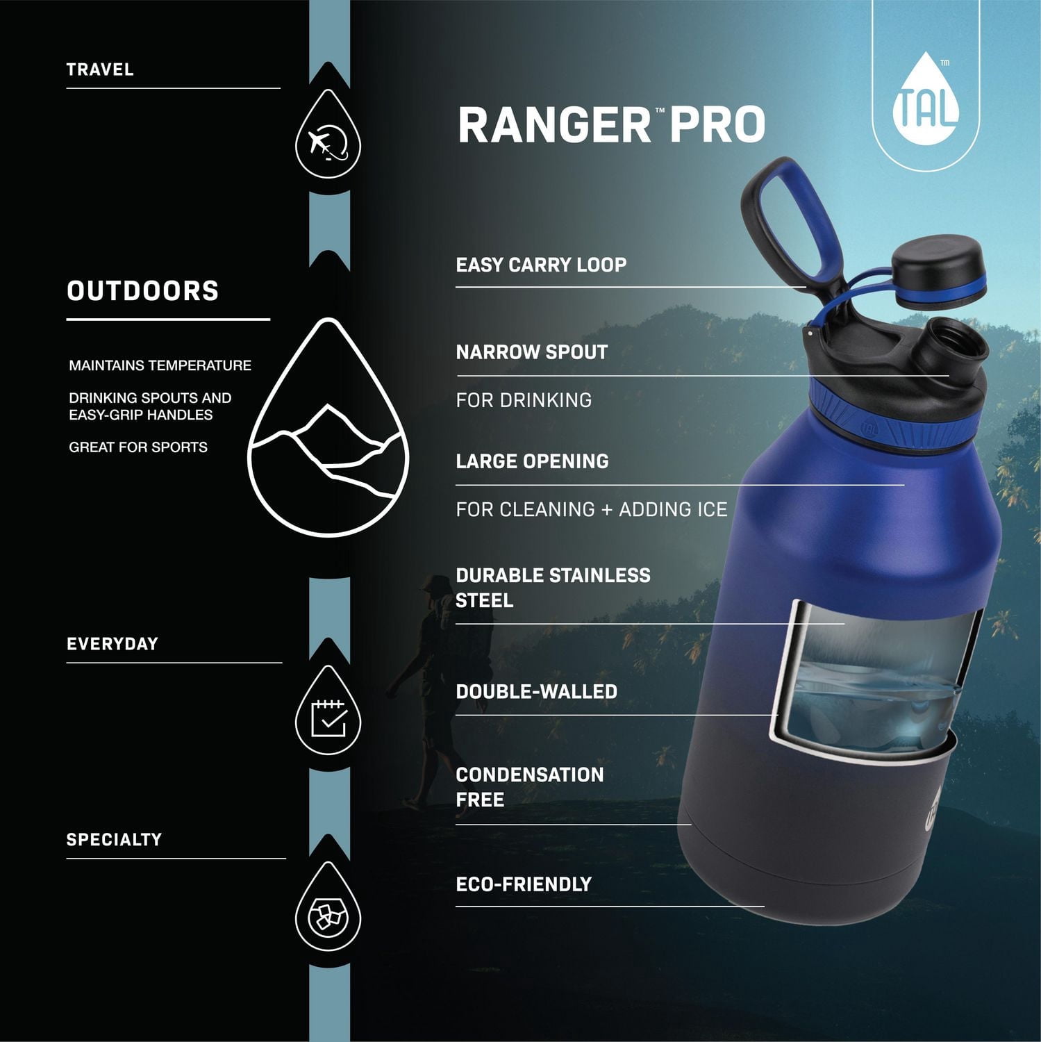 TAL Ranger Bouteille d'eau en acier inoxydable 1,8 l, Noir