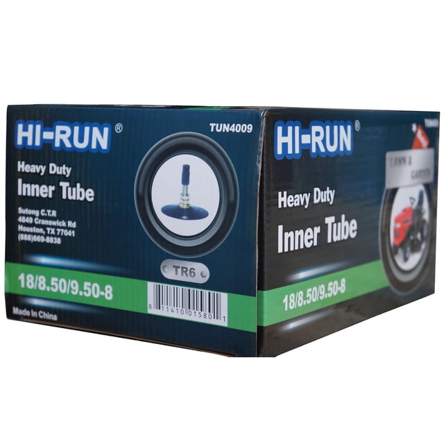 Hi-Run Chambre à Air de Pneu de Pelouse et de Jardin, 18/8.50/9.50-8, TUN4009, Emballée dans une Boîte Bleue et Noire Étiquetée Chambre à Air Robuste avec type de valve TR6 et Taille 18/8.50/9.50-8 sur une Bande Verte, Convient aux Pneus de Ferme et de Tracteur.