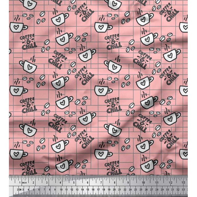 Soimoi Pink Rayon Crepe Fabric Coffee & CHill Text Printed Fabric 1 Yard 46 Inch Wide