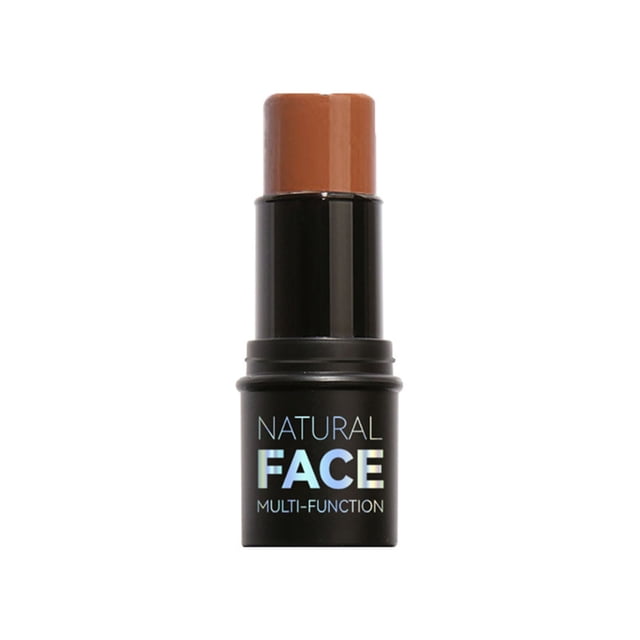 EGNMCR Highlight And Stick Face Shaping And Stick Make-up Easy To Use With Buildable Cover Contouring stick. A black cylindrical makeup stick with a retractable creamy brown tip, designed for highlighting and contouring. The text 'Natural Face Multi-Function' is printed on the black casing. Ideal for creating a natural, sun-kissed look with a lightweight, non-greasy formula. Suitable for cheeks, eyes, lips, and body.