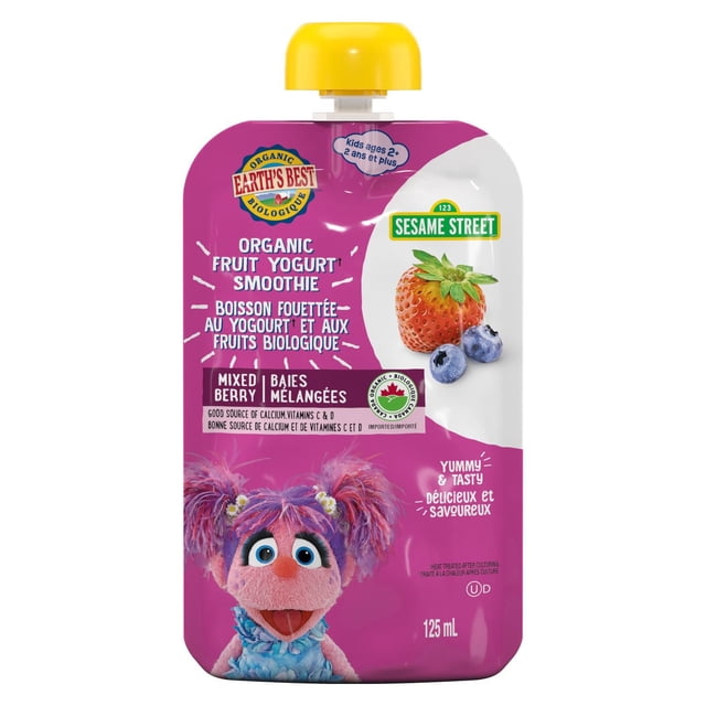 Earth's Best® Organic Fruit Yogurt Smoothie Mixed Berry 125 mL squeezable pouch with yellow cap, featuring images of strawberry and blueberries on purple and white packaging, formulated for toddlers ages 2 and up with calcium and vitamins C and D, and Sesame Street branding.