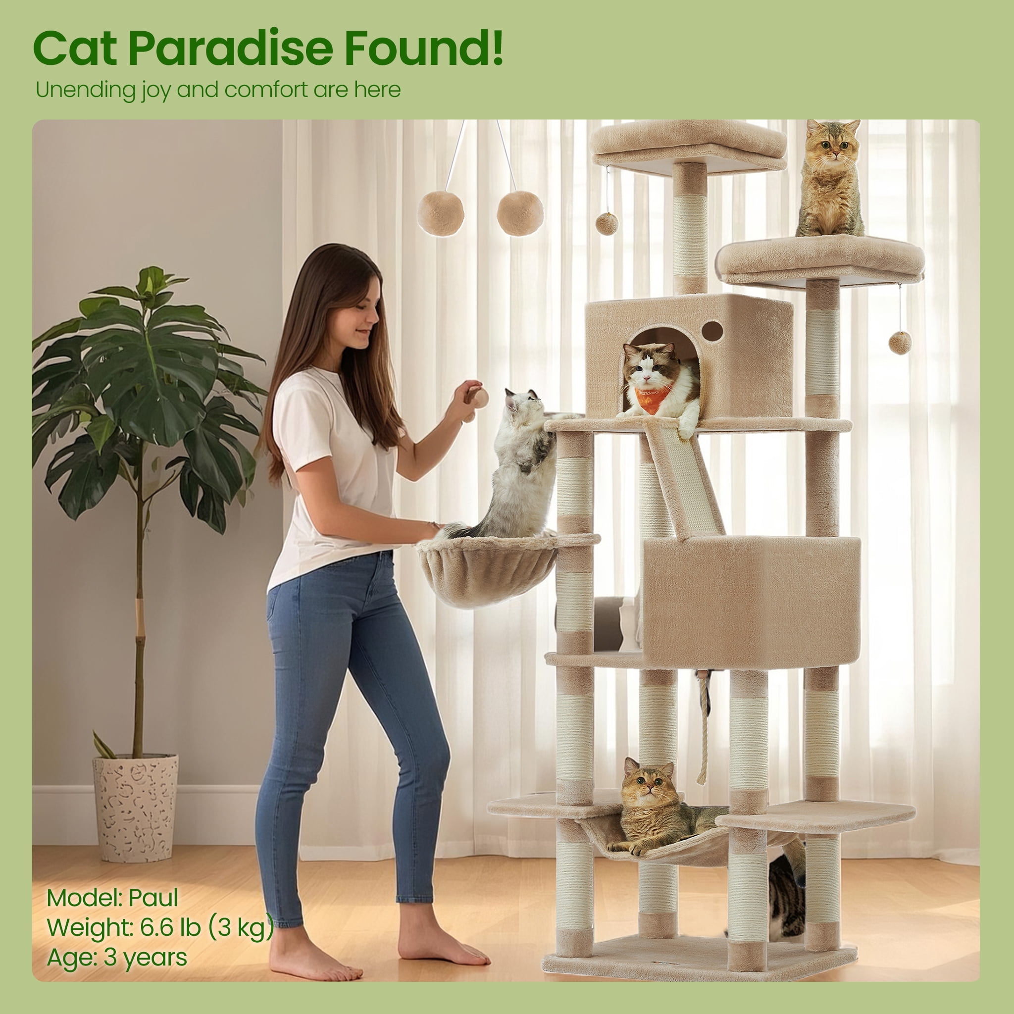 Large Cat Tree with 13 Scratching Posts, 2 Perches, Hammock, for Indoor Cats, Light Camel