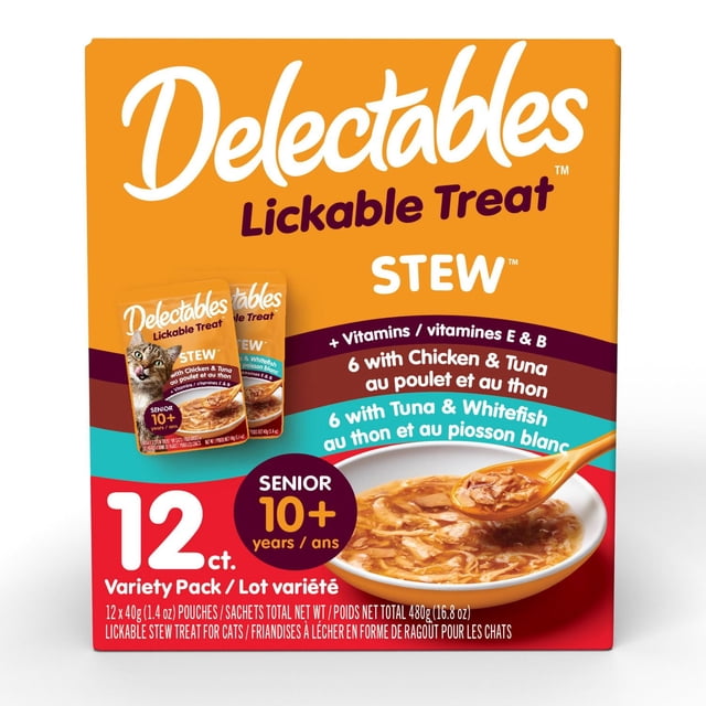 Delectables Stew Senior Cat Treats Variety Pack with 12 single-serve 1.4 oz pouches in chicken & tuna and tuna & whitefish flavors, enriched with vitamins E and B for cats 10 years and older, shown with a bowl of lickable stew on an orange and red background.