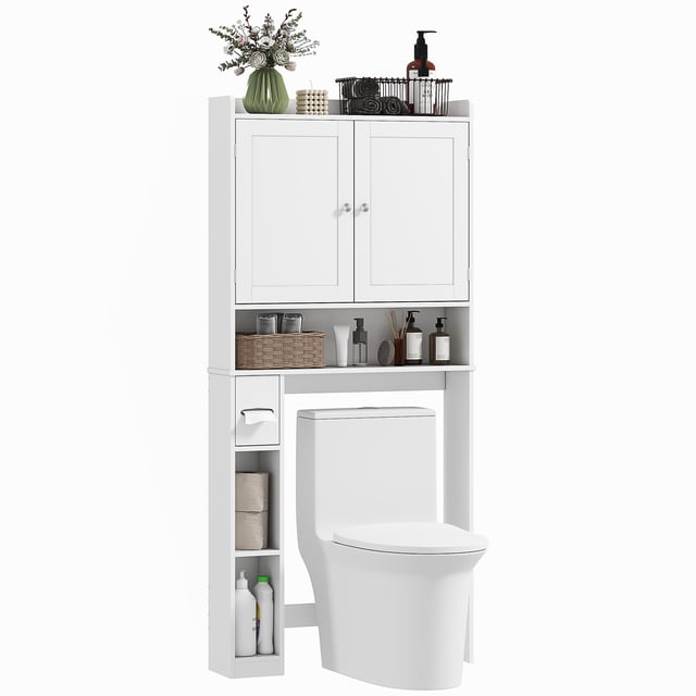 HOMCOM Armoire de Rangement au-Dessus de la Toilette en Blanc, Organisateur de Salle de Bain Gain de Place avec une Armoire à Deux Niveaux, Trois Compartiments Ouverts, une Tablette Supérieure Bordée pour la Déco et un Porte-Papier Rabattable. s'Adapte à la Plupart des Toilettes, Comprend des Trousses Anti-Basculement et Améliore le Rangement de la Salle de Bain.