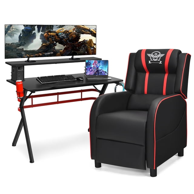 Costway Gaming Desk & Chair Set 48" Computer Desk & Massage Recliner Chair Black + Red